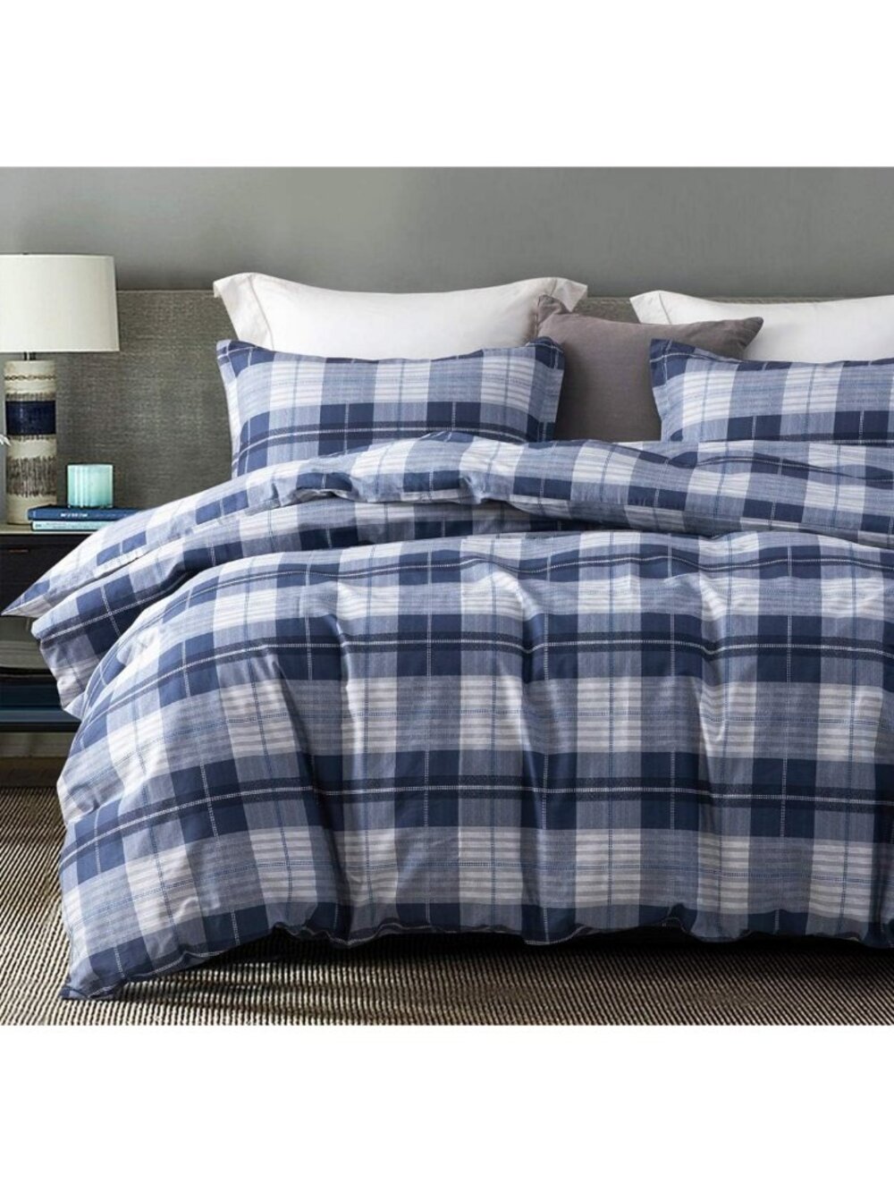 Cozy Queen Comforter Set, 600 Thread Count Cotton, Navy Blue & Grey Plaid, 3
